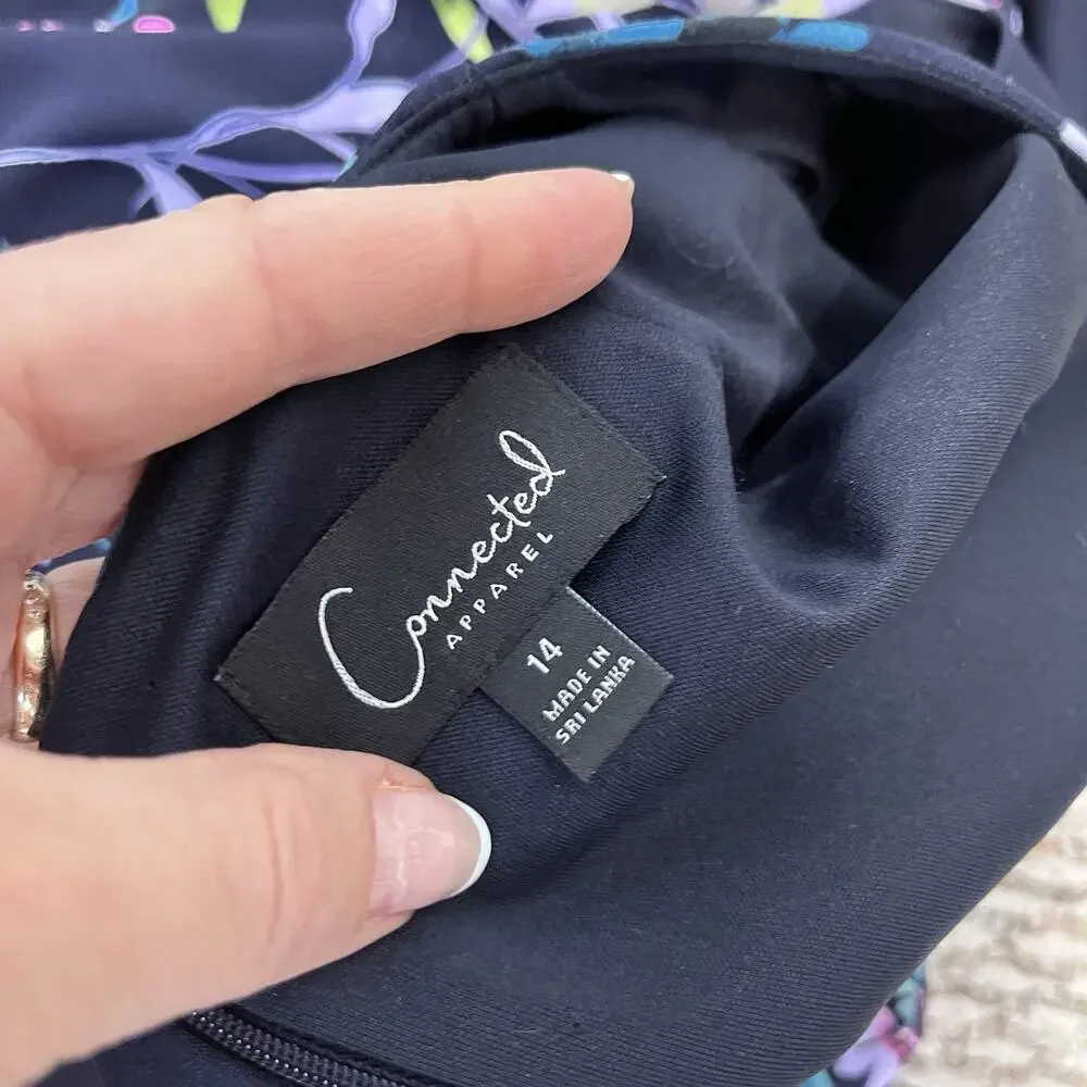 Connect Apparel Dress size 14 Navy Blue Pink Floral Stretch Knee Wedding Church - Picture 10 of 10